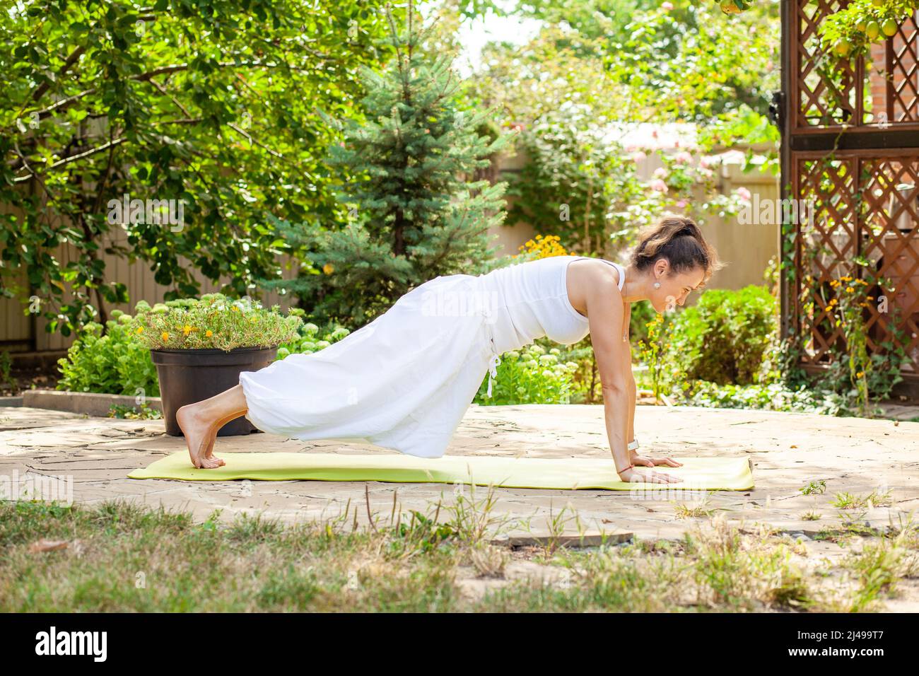 La giovane donna pratica lo yoga in giardino. Surya namaskar, esercitazione del gambo. Chaturanga superiore dandasana Foto Stock