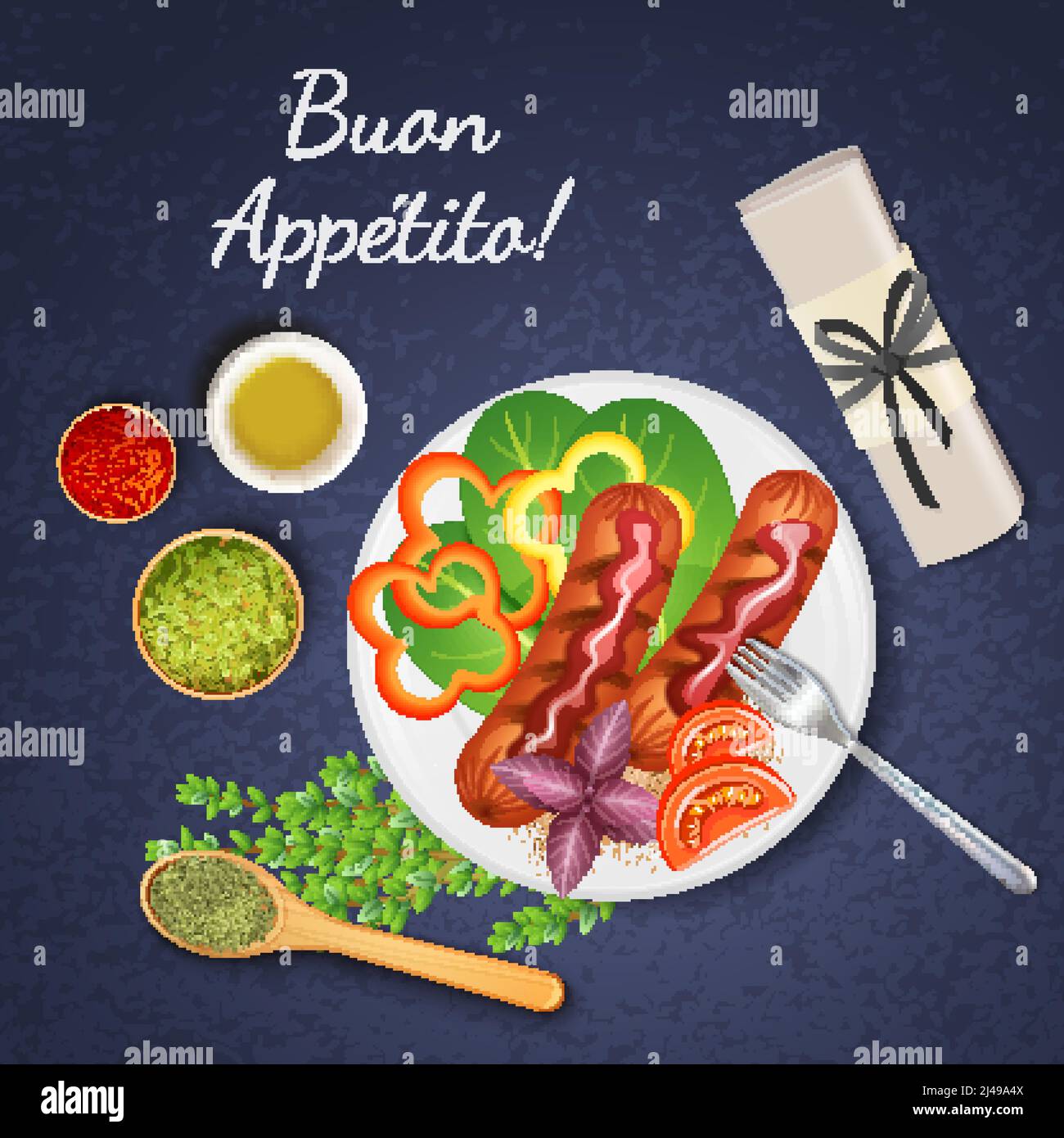Salsicce alla griglia al barbecue servite con vari tipi di verdure con salsa ed erbe illustrazione vettoriale realistica Illustrazione Vettoriale