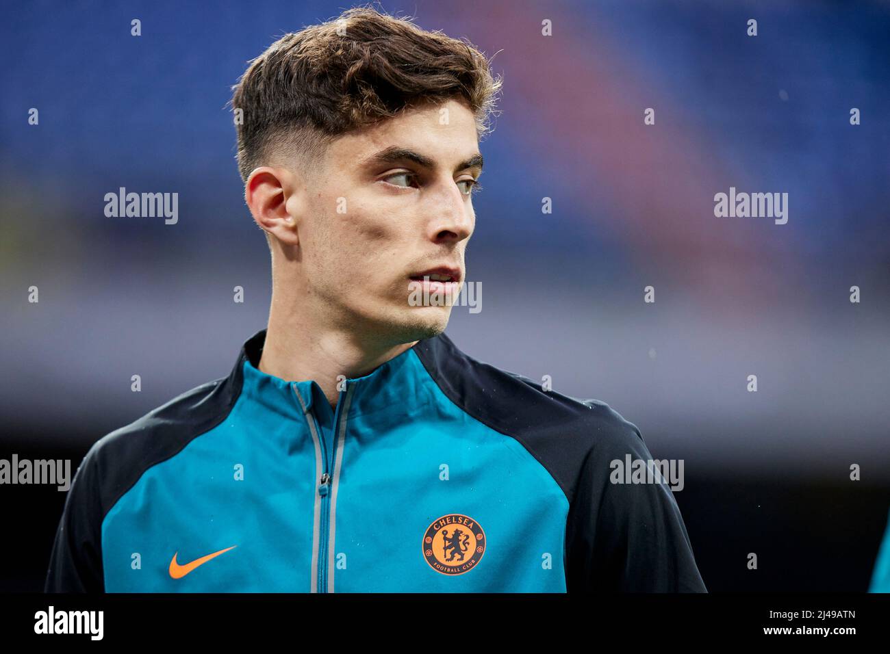 Kai Havertz del Chelsea FC durante la partita UEFA Champions League, Quarter Final, seconda tappa, tra il Real Madrid e il Chelsea FC disputata allo stadio Santiago Bernabeu il 12 aprile 2022 a Madrid, Spagna. (Foto di Ruben Albarran / PRESSINPHOTO) Foto Stock