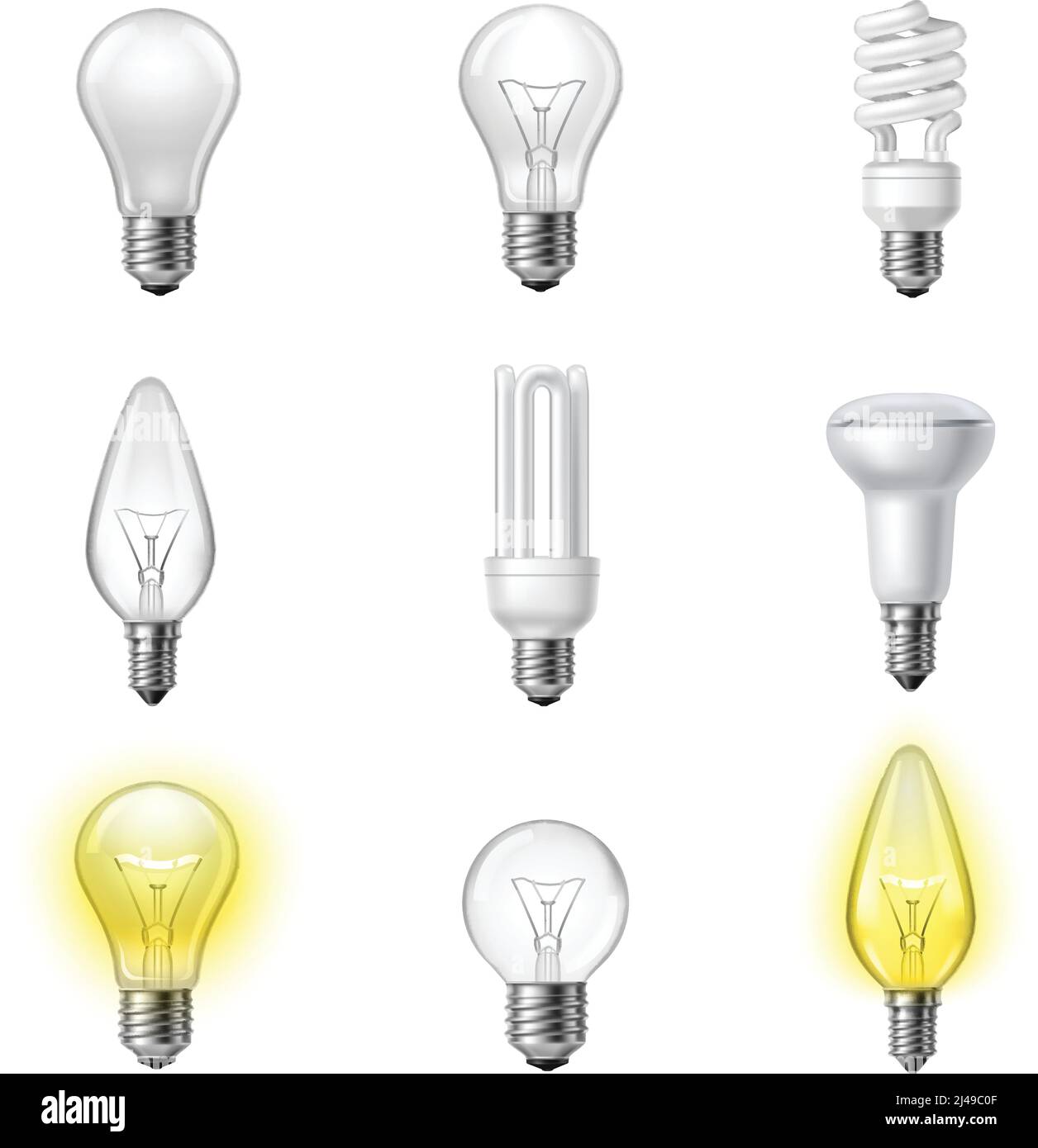 Alogena fluorescente a bassa energia e luci di tipo diverso comunemente utilizzate immagine vettoriale della collezione di pittogrammi realistici della lampadina Illustrazione Vettoriale