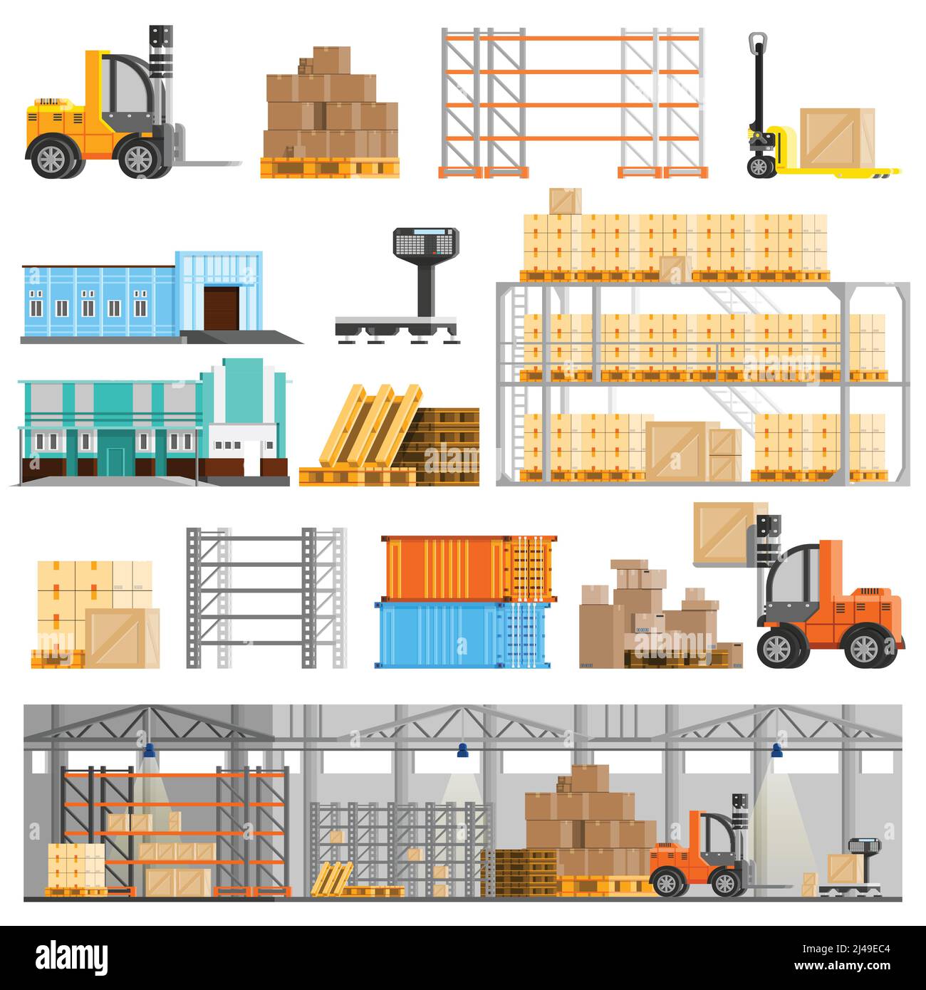 Icone ortogonali del magazzino impostate con caricatore e vano di carico in piano isolato illustrazione vettoriale Illustrazione Vettoriale