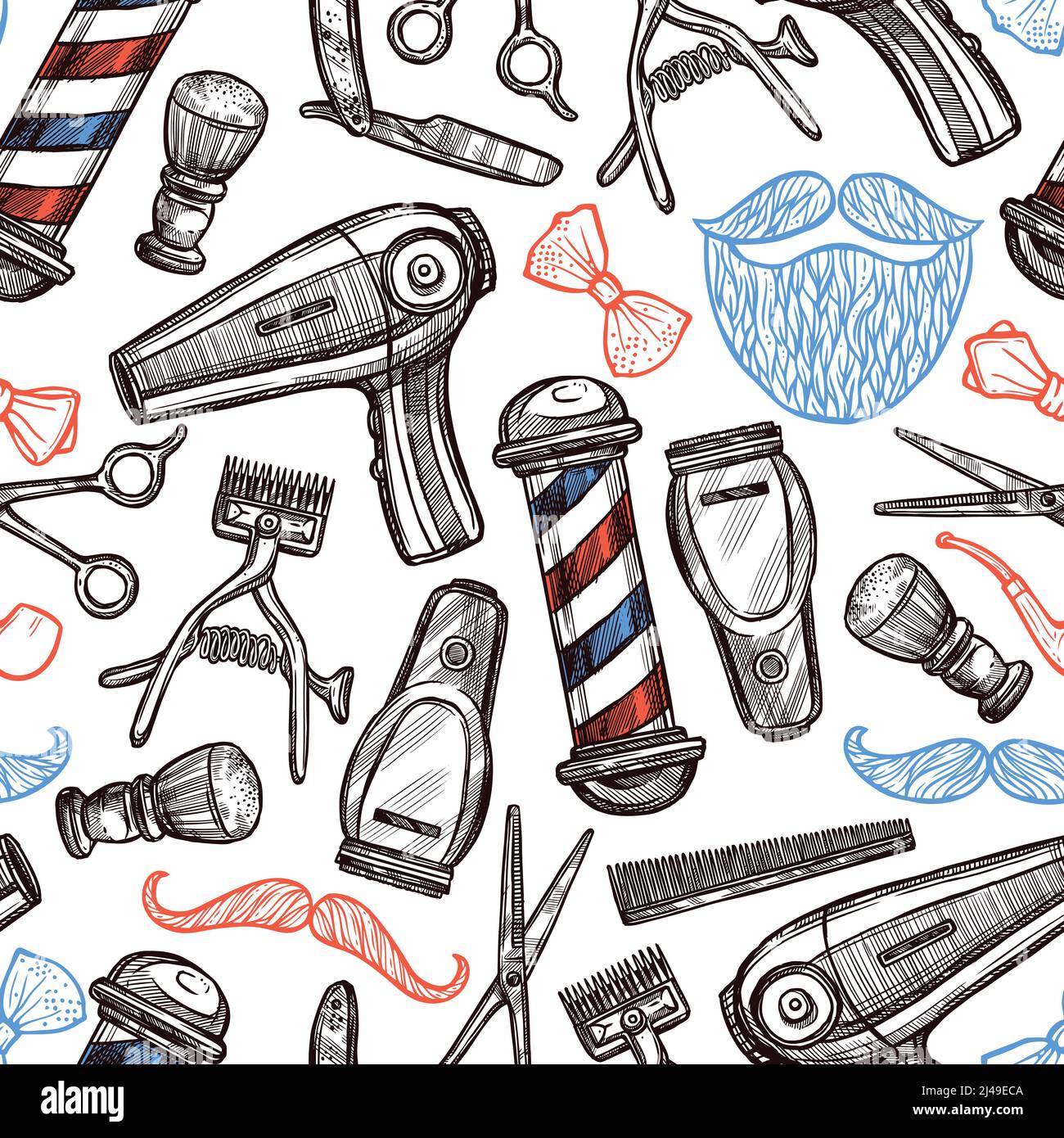 Barber negozio attrezzi accessori e simboli motivo senza cuciture in rosso illustrazione vettoriale astratta con doodle nero blu Illustrazione Vettoriale