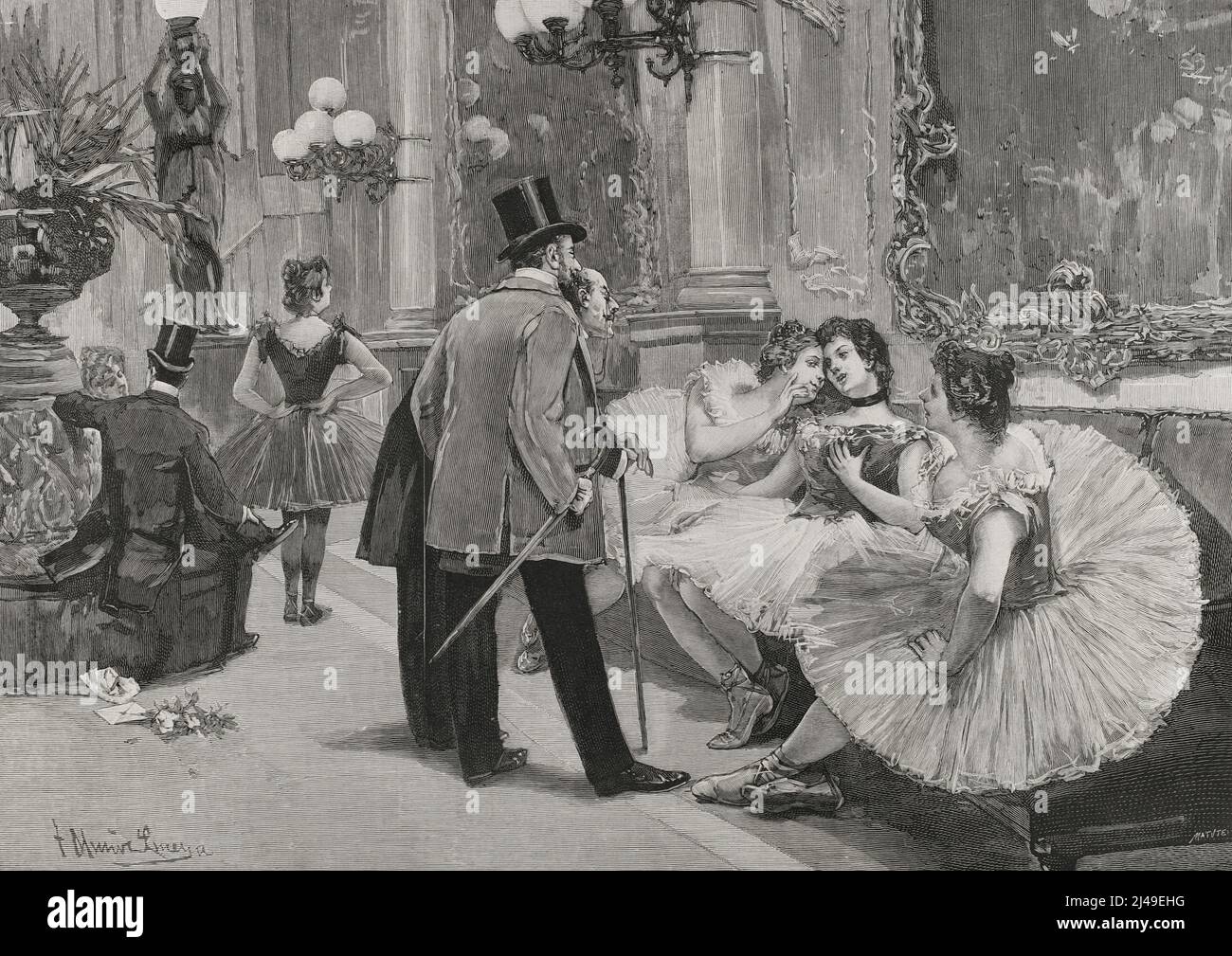 "Nel foyer". Illustrazione di Tomás Muñoz Lucena (1860-1943). Incisione di Matute. La Ilustración Española y americana, 1898. Foto Stock