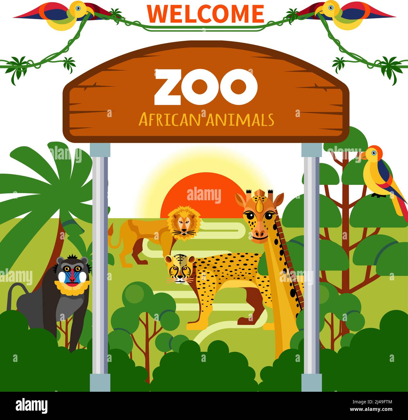 Zoo di animali africani con uccelli esotici all'alba o al tramonto illustrazione vettoriale Illustrazione Vettoriale