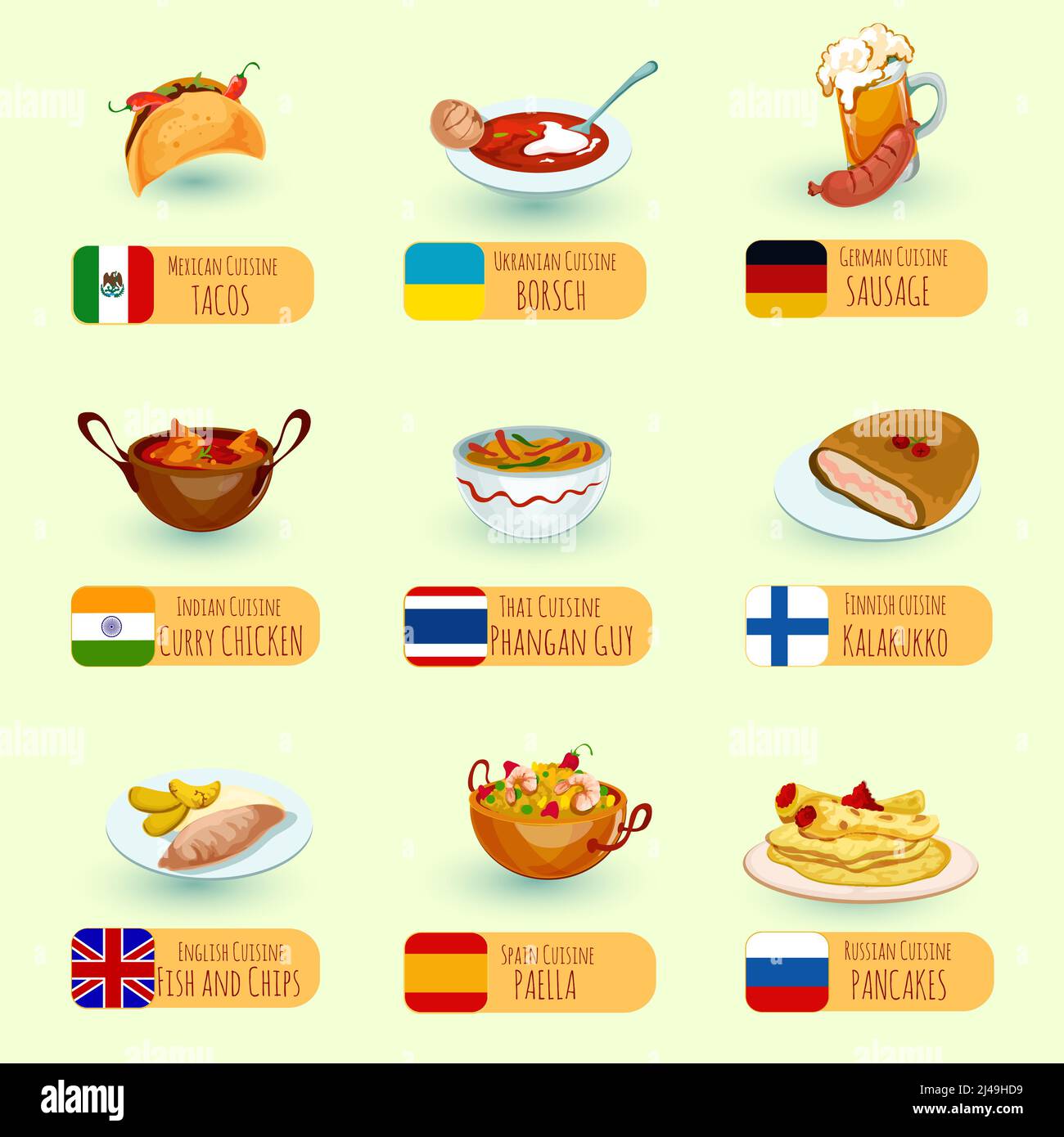 World food cucina internazionale piatti decorativi icone con salsiccia pesce e patatine pollo curry isolato vettore illustrazione Illustrazione Vettoriale