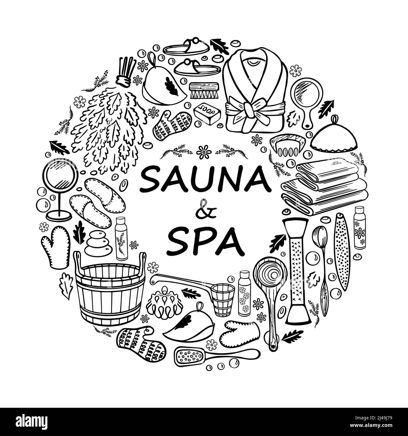 Sauna, spa e accessori da bagno. Schizzo di elementi nello stile di barbatella. Decorato in un cerchio con spazio per il testo. Su sfondo bianco. Illustratio vettoriale Illustrazione Vettoriale