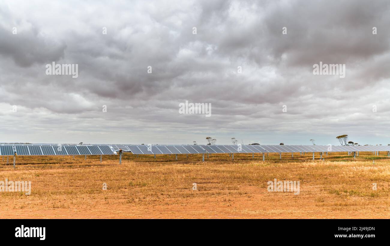Fattoria pannelli solari vicino Moonta, SA durante una giornata di cielo. I giorni nuvolosi hanno un effetto negativo sulla generazione di energia solare Foto Stock