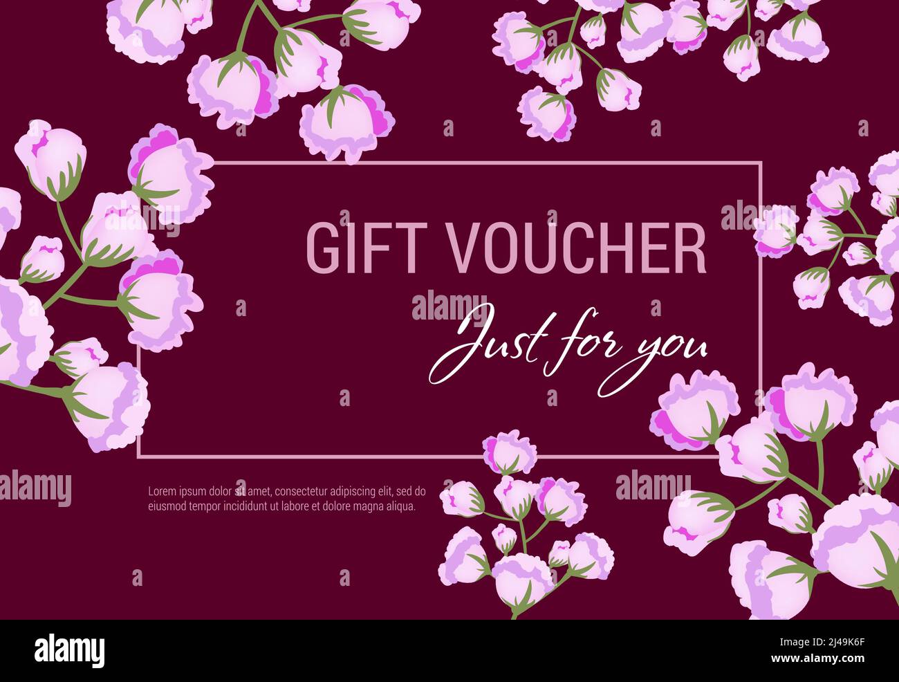 Solo per voi regalo voucher design con fiori lilla e cornice su sfondo vinoso. Il testo può essere utilizzato per coupon, certificati, volantini Illustrazione Vettoriale