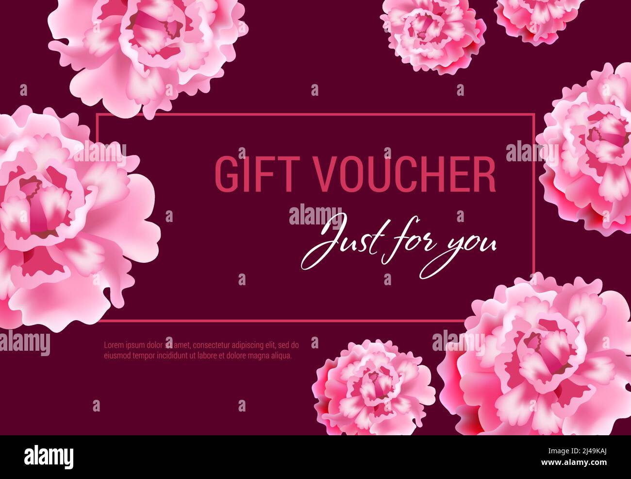 Solo per voi regalo voucher design con fiori rosa e cornice su sfondo vinoso. Il testo può essere utilizzato per coupon, certificati, volantini Illustrazione Vettoriale