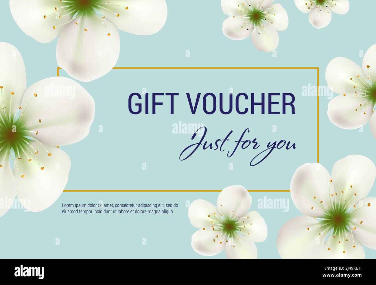 Solo per voi regalo voucher design con fiori bianchi e cornice su sfondo  blu chiaro. Il testo può essere utilizzato per coupon, certificati,  volantini Immagine e Vettoriale - Alamy