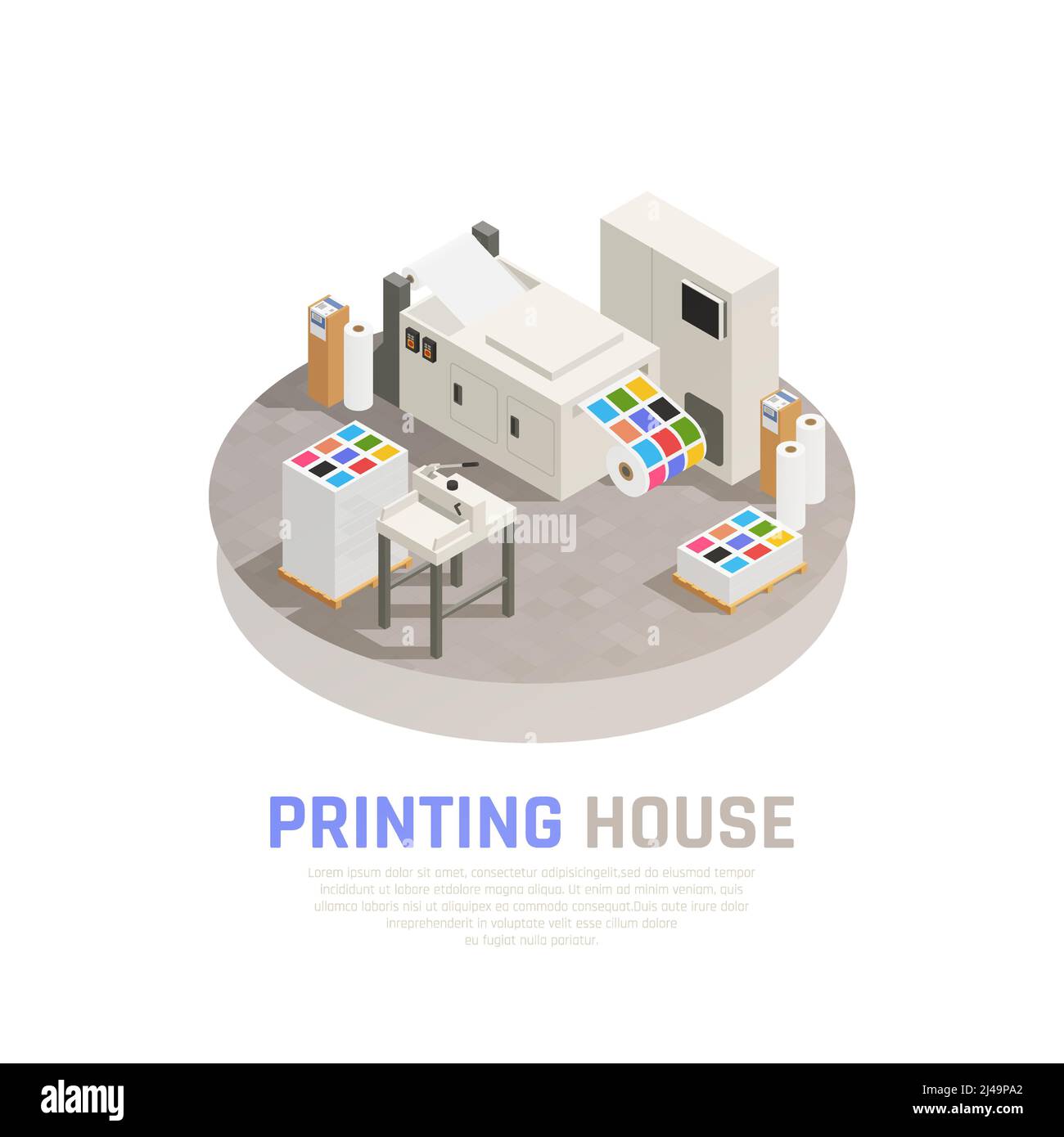 Stampante colorata e isolata, poligrafia composizione isometrica con monocromia illustrazione vettoriale della sala di stampa a colori Illustrazione Vettoriale
