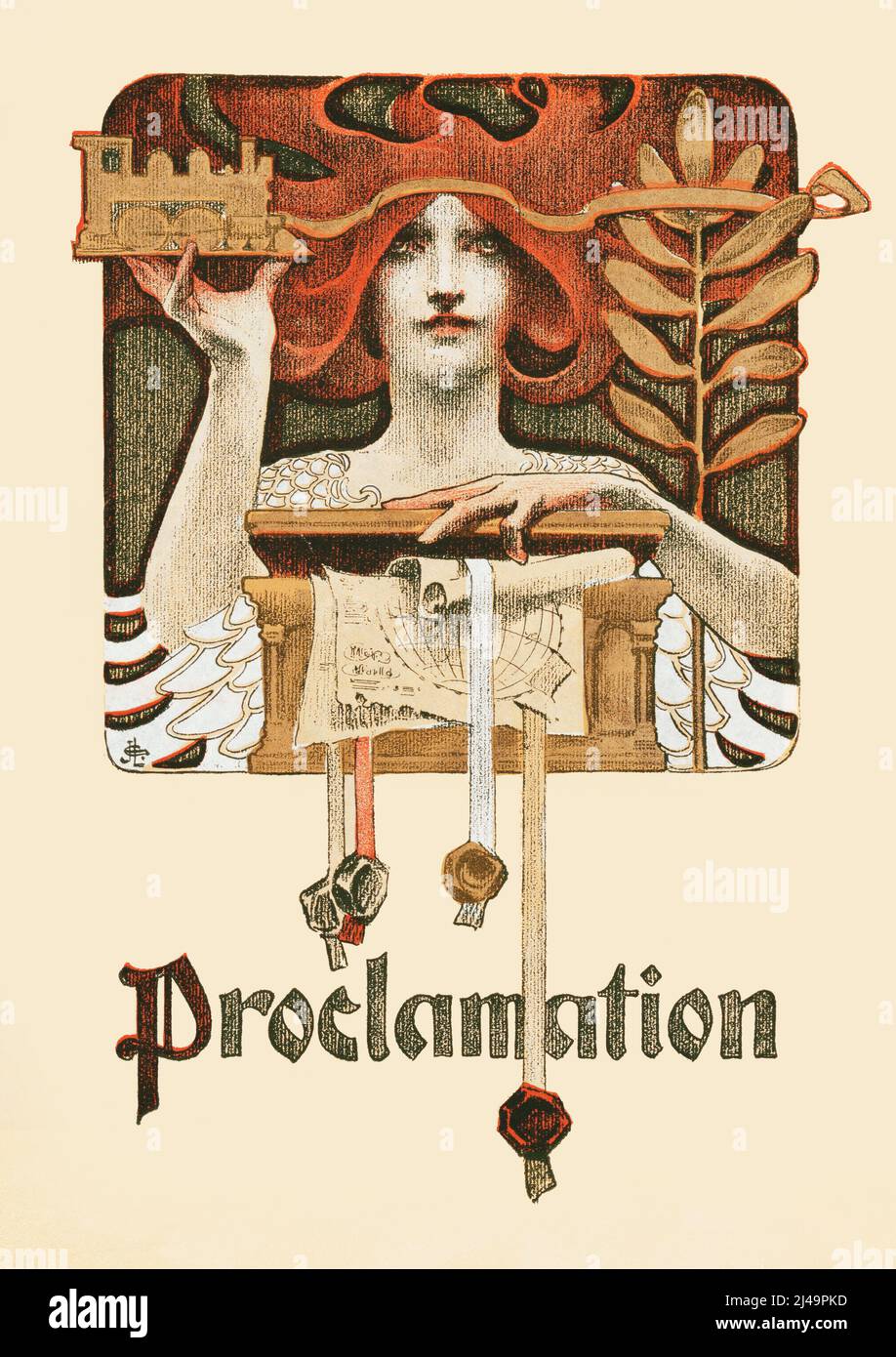 Poster design di JC Leyendecker - proclamazione (1890) migliorata digitalmente. Foto Stock