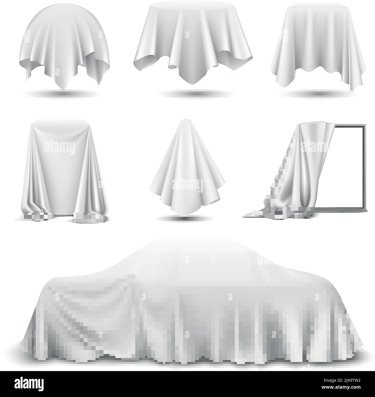 Oggetti ricoperti di tessuto di seta bianco Set realistico con specchio drappeggiato auto appeso tovagliolo tenda di tovagliolo illustrazione vettoriale Illustrazione Vettoriale