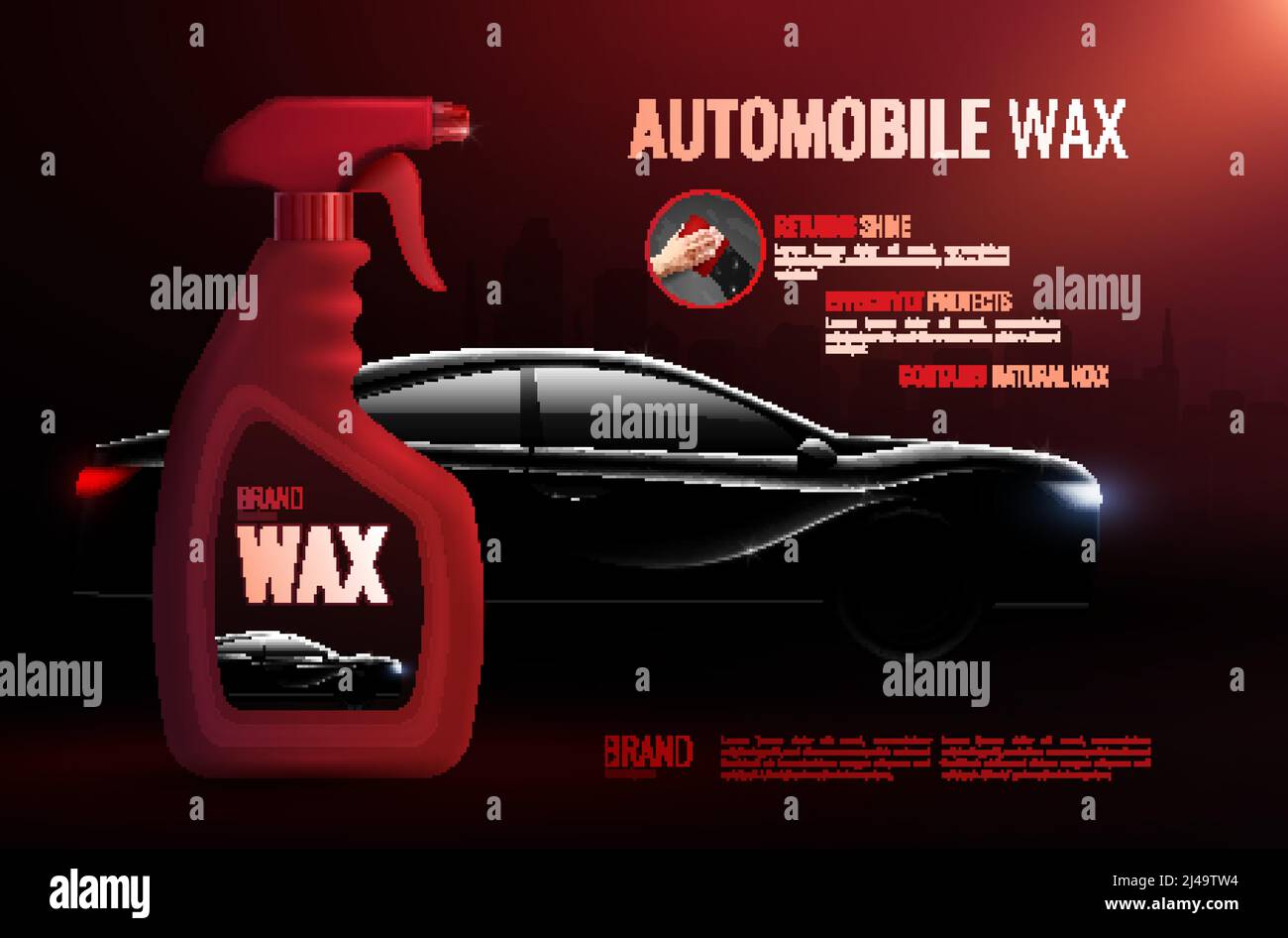 Poster pubblicitario prodotto cura auto con bottiglia di alta qualità cera automobilistica e lusso classe berlina realistica vettore illustrazione Illustrazione Vettoriale