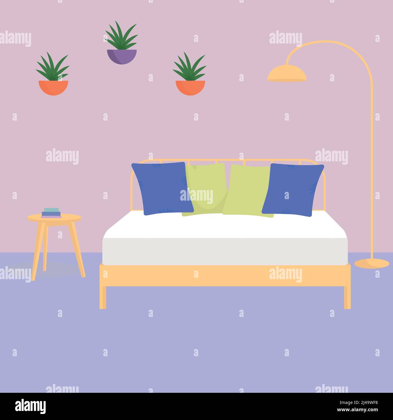 Camera da letto con letto grande. Illustrazione vettoriale piatta Illustrazione Vettoriale