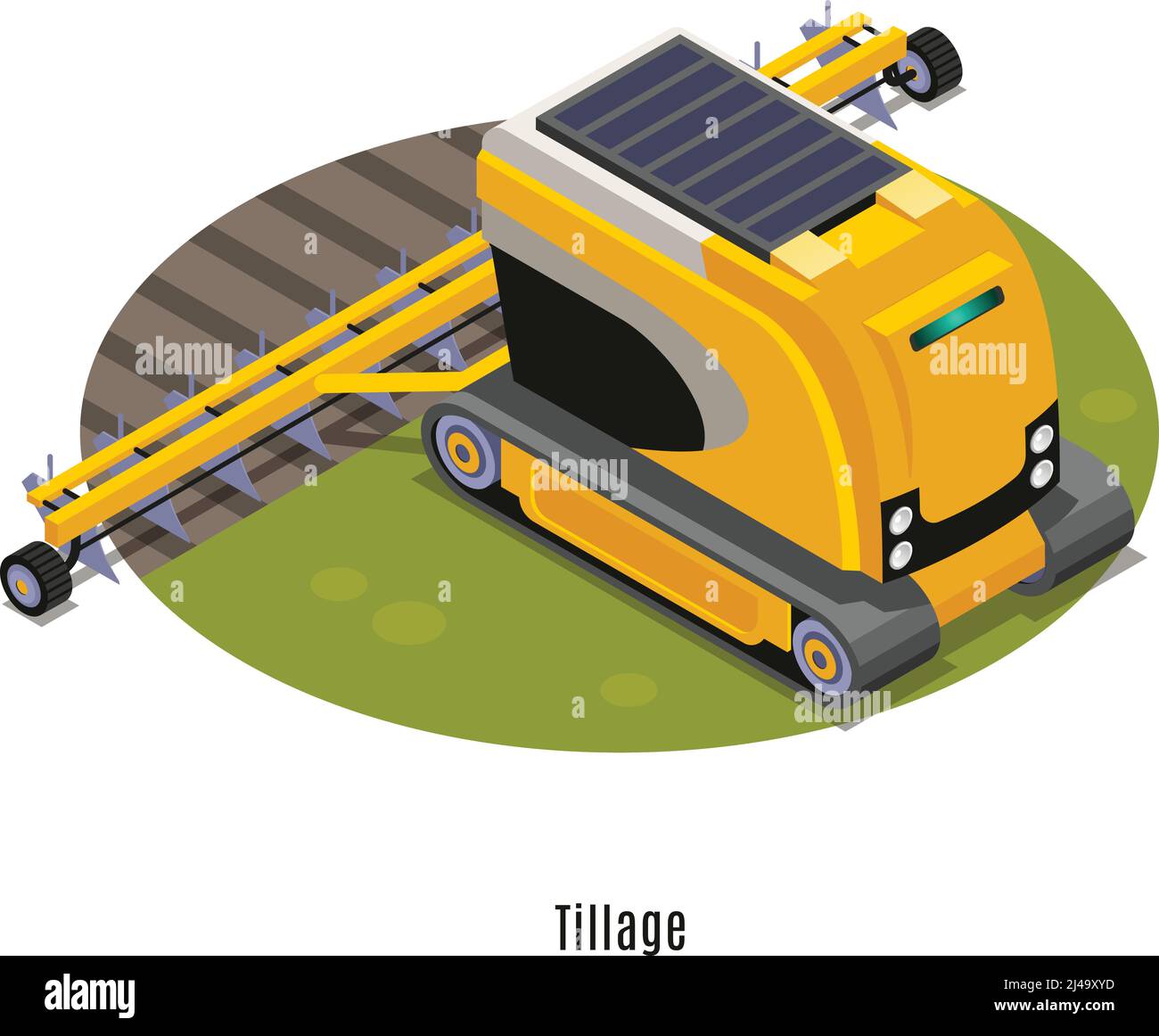 Robot agricoli a composizione rotonda isometrica con aratro di dissodamento completamente automatizzato terreno coltivando macchinari bianco sfondo vettore illustrazione Illustrazione Vettoriale