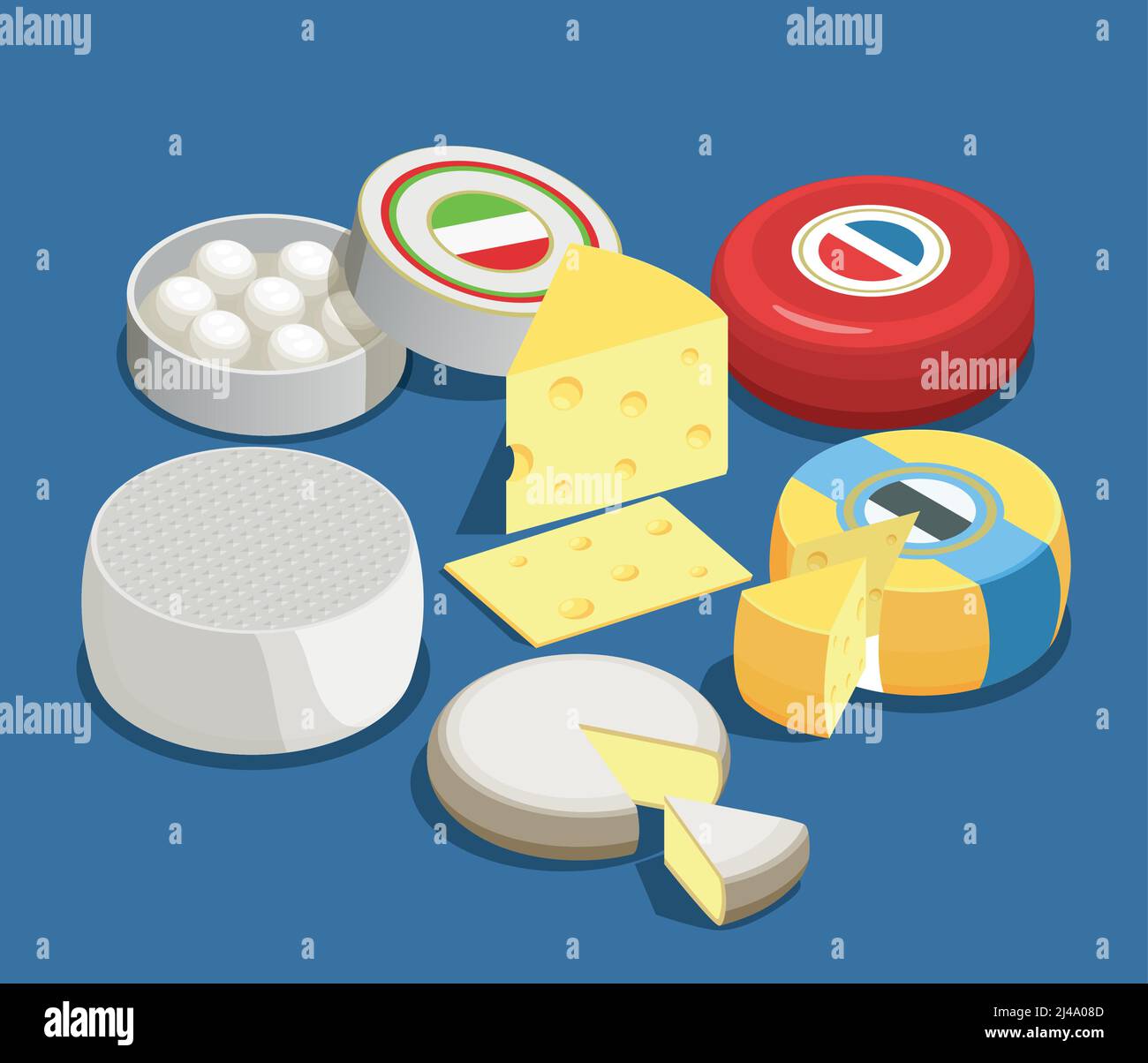 Assortimento di formaggi concept design isometrico di mozzarella maasdam brie e altri tipi di illustrazione vettoriale del formaggio Illustrazione Vettoriale