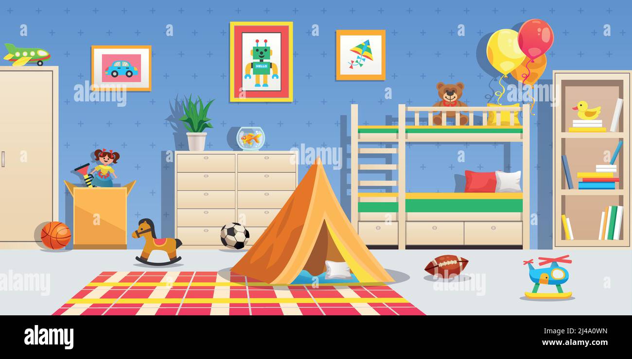 Interno camera per bambini con mobili bianchi palle sportive tenda e. giocattoli colorati orizzontale piatto illustrazione vettoriale Illustrazione Vettoriale