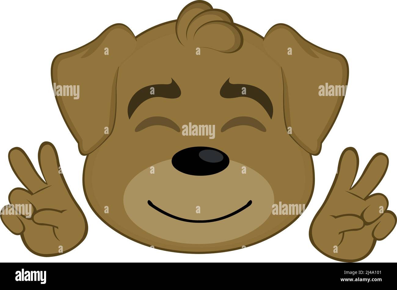 Illustrazione vettoriale dell'emoticon del volto di un cane cartoon che fa il simbolo della pace e dell'amore con le sue mani Illustrazione Vettoriale