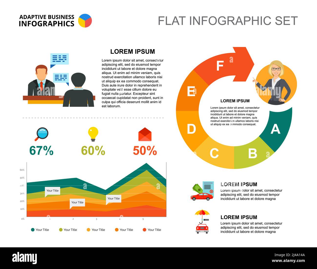 Modello grafico dell'area di gestione per la presentazione. Visualizzazione dei dati aziendali. Concetto creativo aziendale, progettuale, analitico o assicurativo per infogra Illustrazione Vettoriale