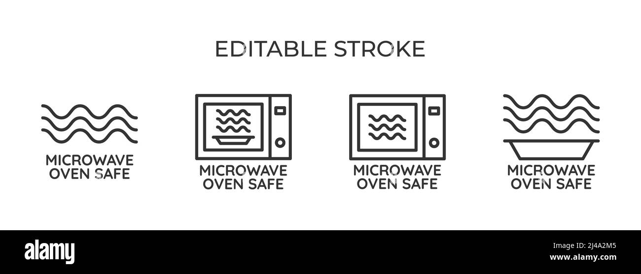 Cassaforte per microonde. Per l'imballaggio o l'etichettatura, l'idoneità delle pentole per il riscaldamento e la cottura. Serie di icone lineari. Illustrazione vettoriale. Illustrazione Vettoriale