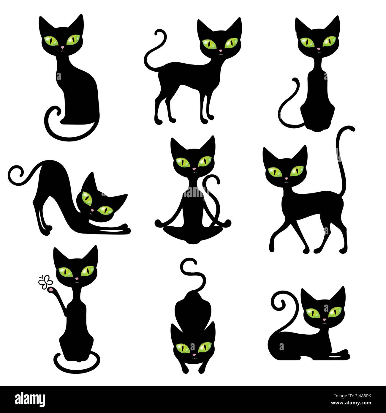 Icona gatti neri impostare animali carini in varie pose con immagine vettoriale isolata con occhi verdi grandi Illustrazione Vettoriale