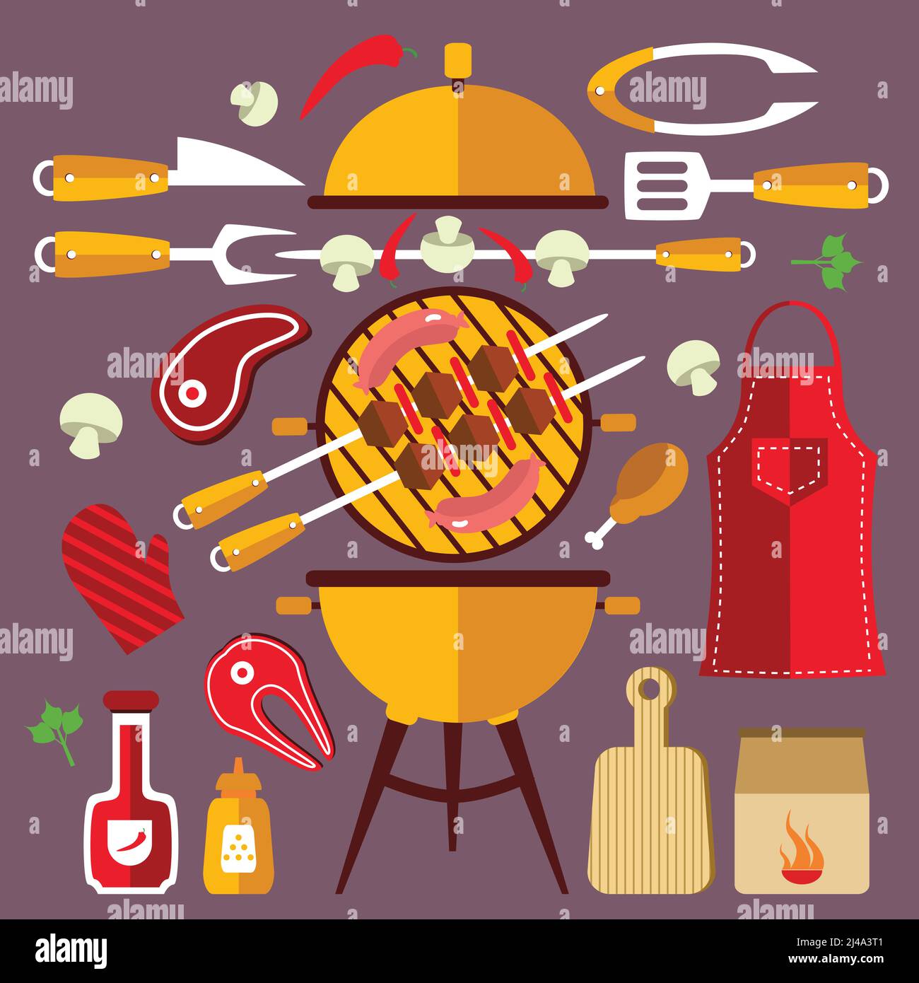 Set di icone piatte con bistecca di grembiule e altro Accessori e alimenti per l'illustrazione vettoriale BBQ Illustrazione Vettoriale