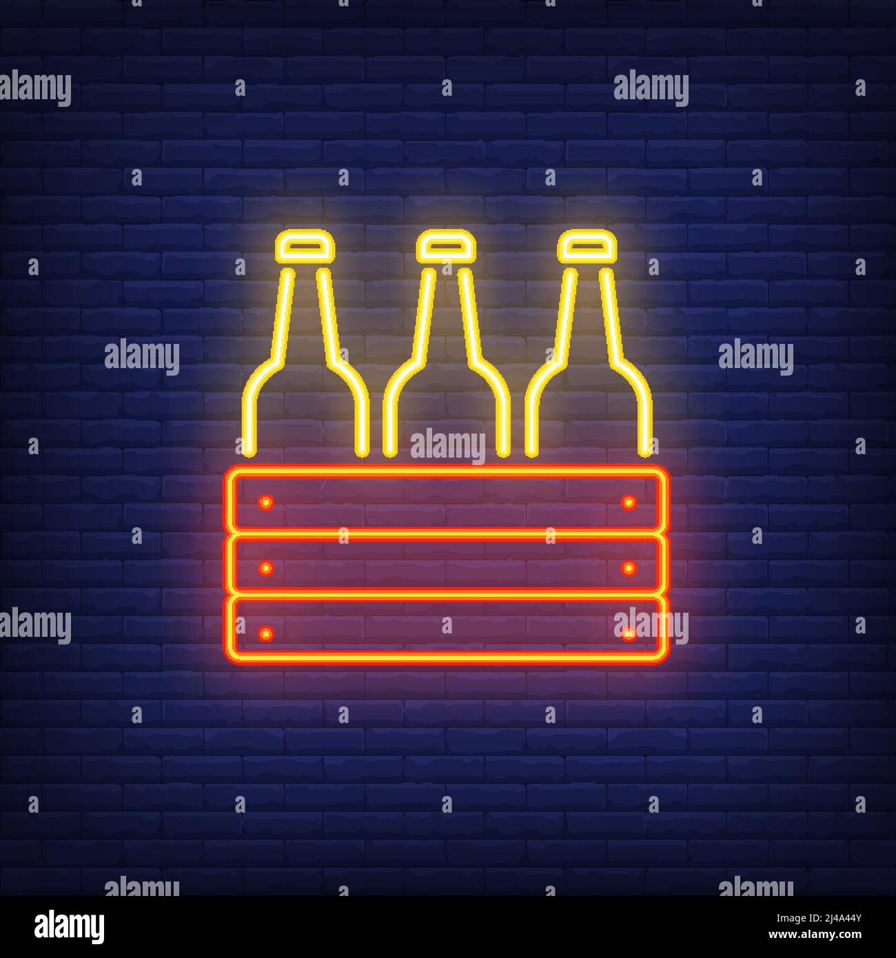 Neon icona di scatola con bottiglie. Birra, bevanda fredda, bevanda alcolica. Bar o pub. Può essere utilizzato per insegne, cartelloni, striscioni Illustrazione Vettoriale