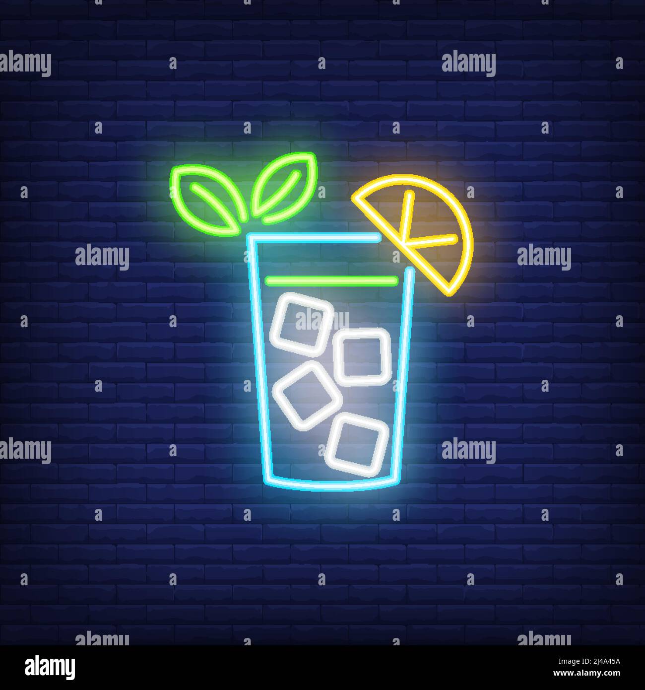 Neon icona di limonata. Bicchiere, limone, ghiaccio, bevanda lunga, cocktail. Concetto di bevanda. Può essere utilizzato per insegne, cartelloni, striscioni Illustrazione Vettoriale