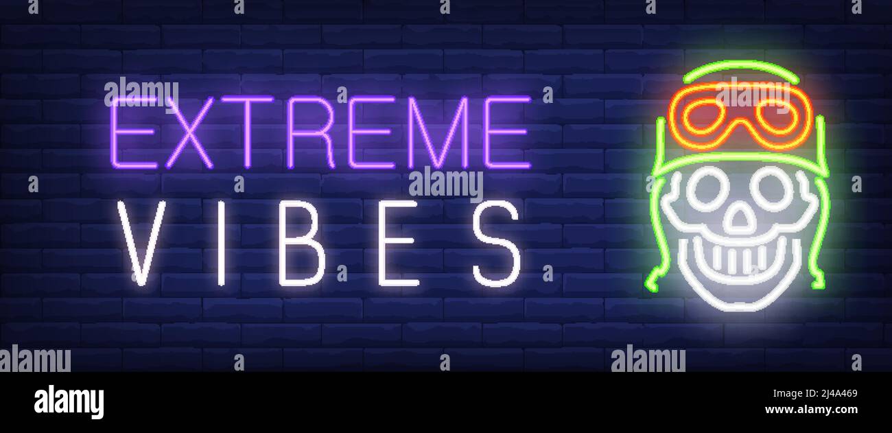 Striscione in stile neon Extreme Vibes. Testo e spellatura in cappello verde su sfondo mattone. Pubblicità notturna brillante. Può essere utilizzato per insegne, poster, billboar Illustrazione Vettoriale