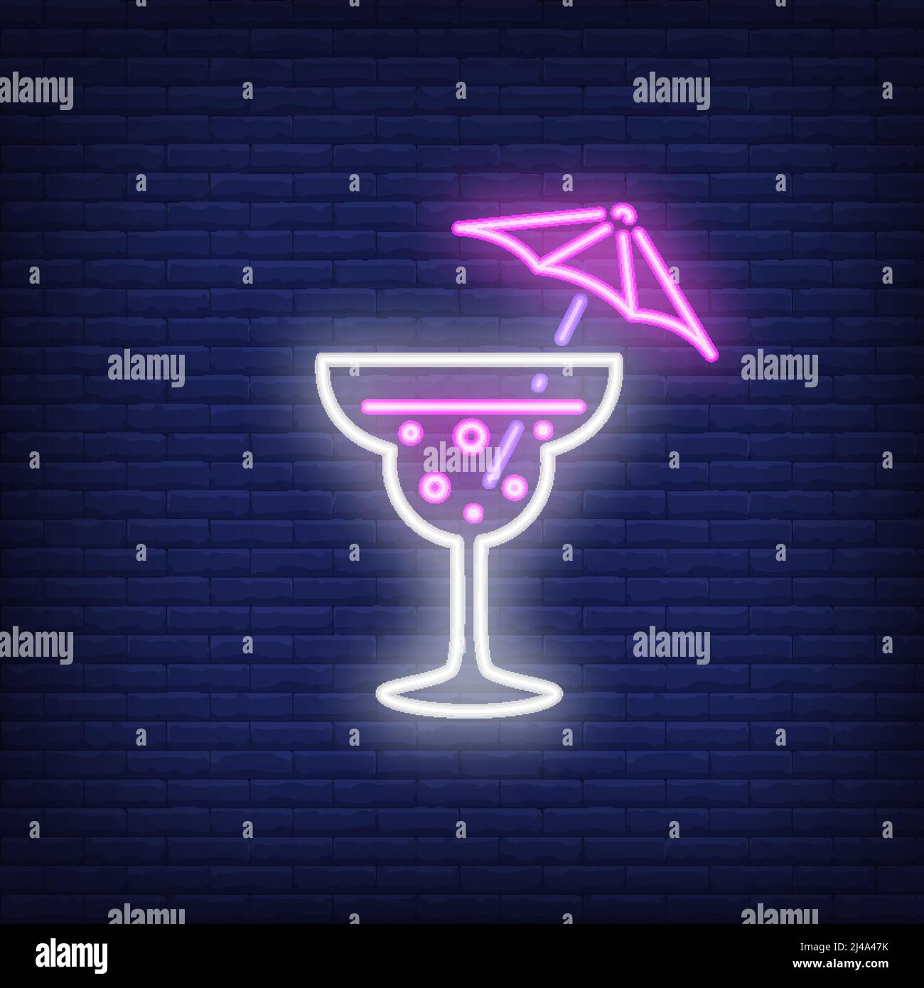 Neon icona di cocktail ombrello. Bicchiere, bevanda fredda, bevanda alcolica. Concetto di bar e party. Può essere utilizzato per insegne, cartelloni, striscioni Illustrazione Vettoriale