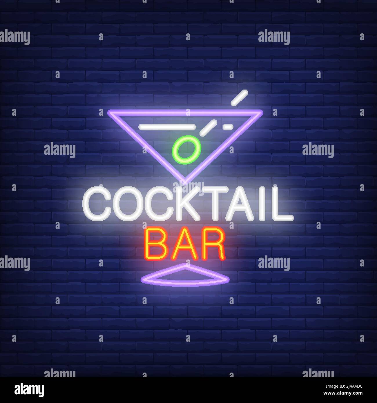 Neon icona del cocktail bar. Bicchiere, vermouth, martini di oliva. Concetto di bevanda alcolica. Può essere utilizzato per insegne, cartelloni, striscioni Illustrazione Vettoriale