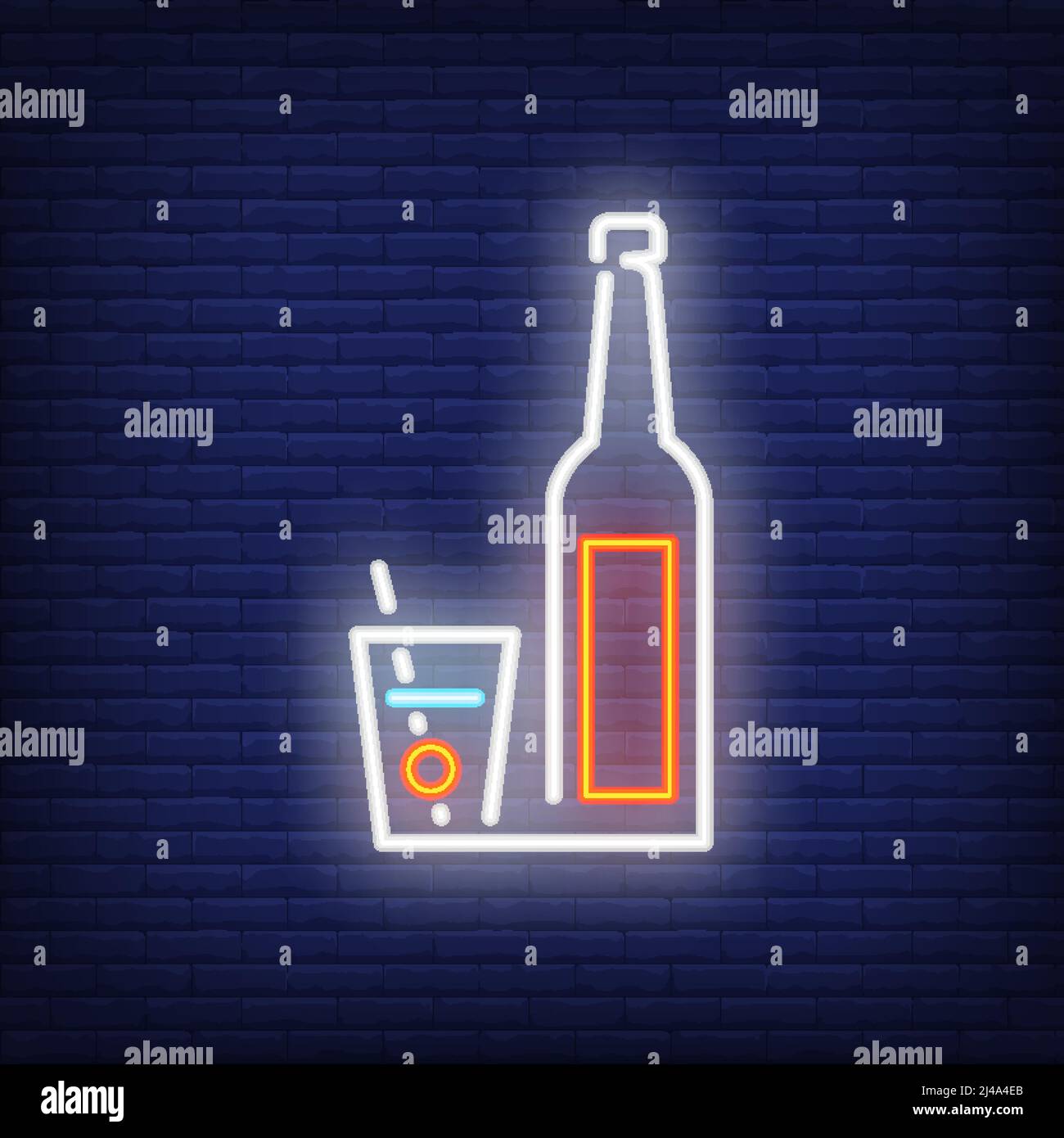 Neon icona di bicchiere da cocktail e bottiglia. Bevanda alcolica, rum, shot. Concetto di bar. Può essere utilizzato per insegne, cartelloni, striscioni Illustrazione Vettoriale