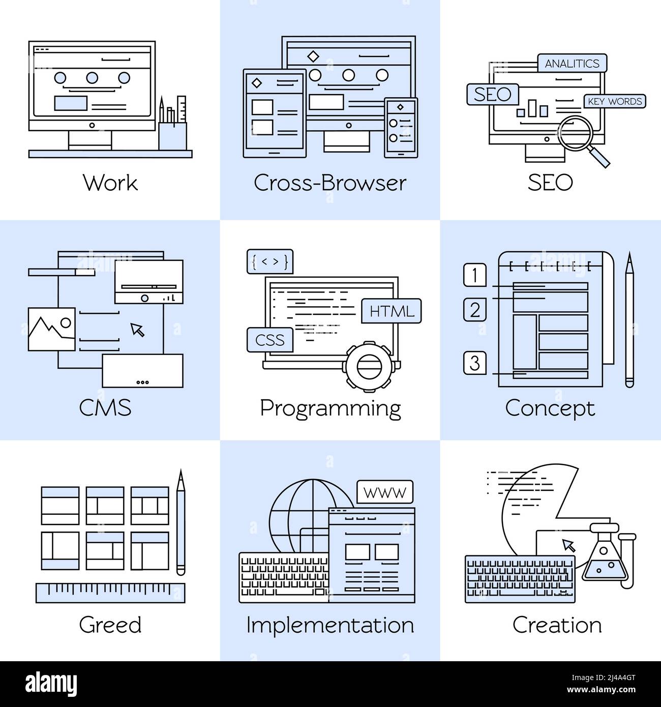 Set di icone bianche della linea di disegno Web con descrizioni del lavoro cross browser seo cms concetto di programmazione illustrazione vettoriale Illustrazione Vettoriale