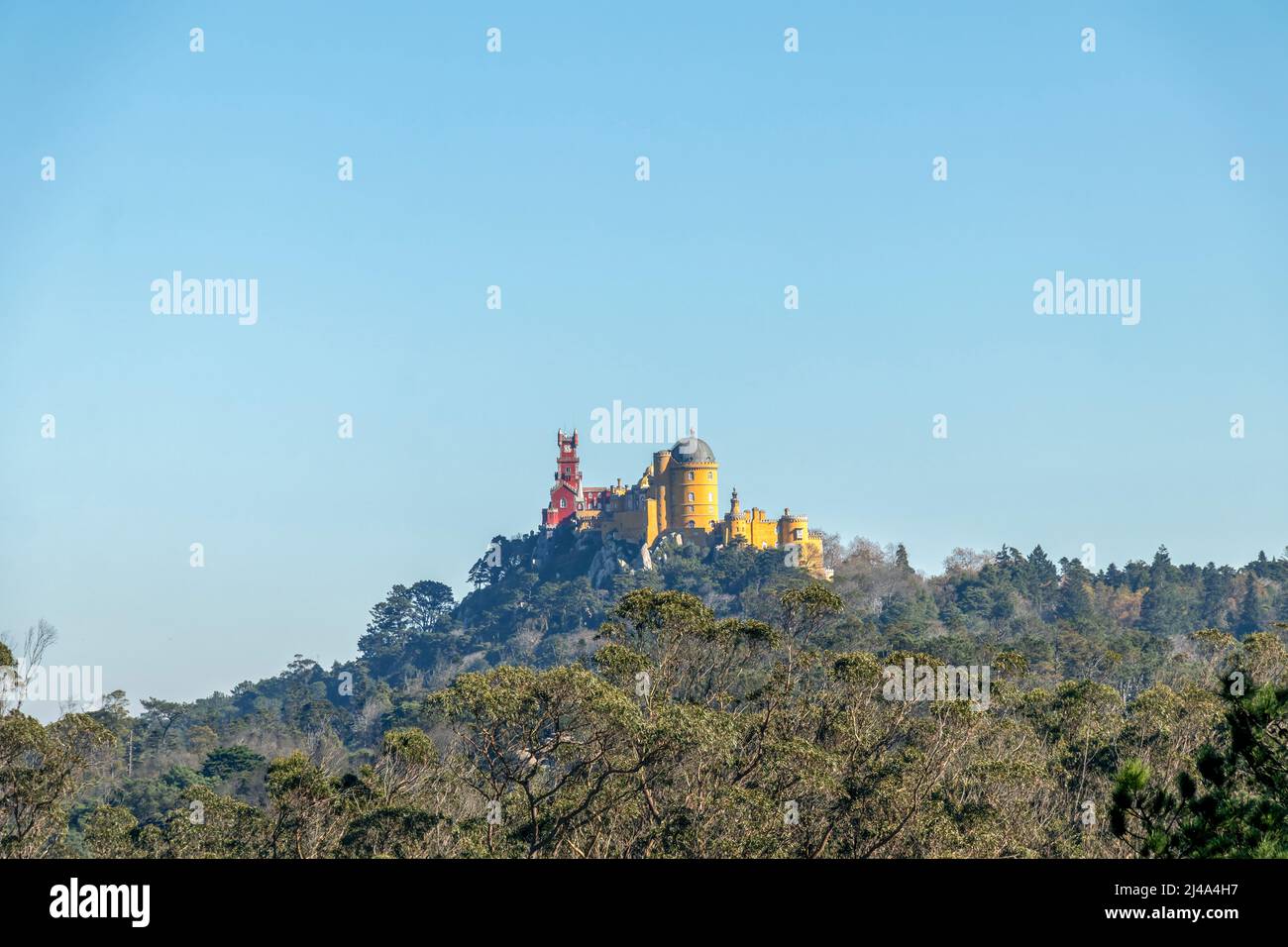 Il Palácio pena, monumento nazionale sulla cima di una collina verde nelle montagne di Sintra in una giornata limpida con cielo blu, Portogallo, Europa Foto Stock
