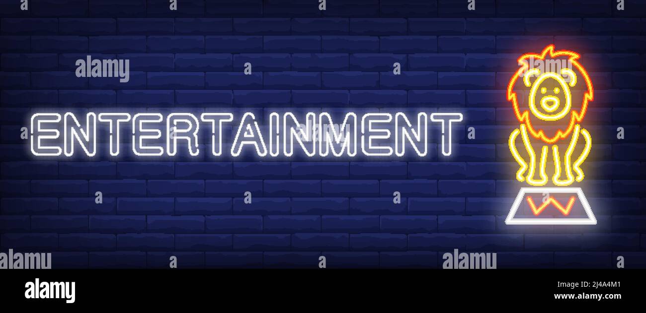 Banner stile neon per l'intrattenimento. Testo e leone circo su sfondo mattone. Pubblicità notturna brillante. Può essere utilizzato per insegne, poster, cartelloni Illustrazione Vettoriale
