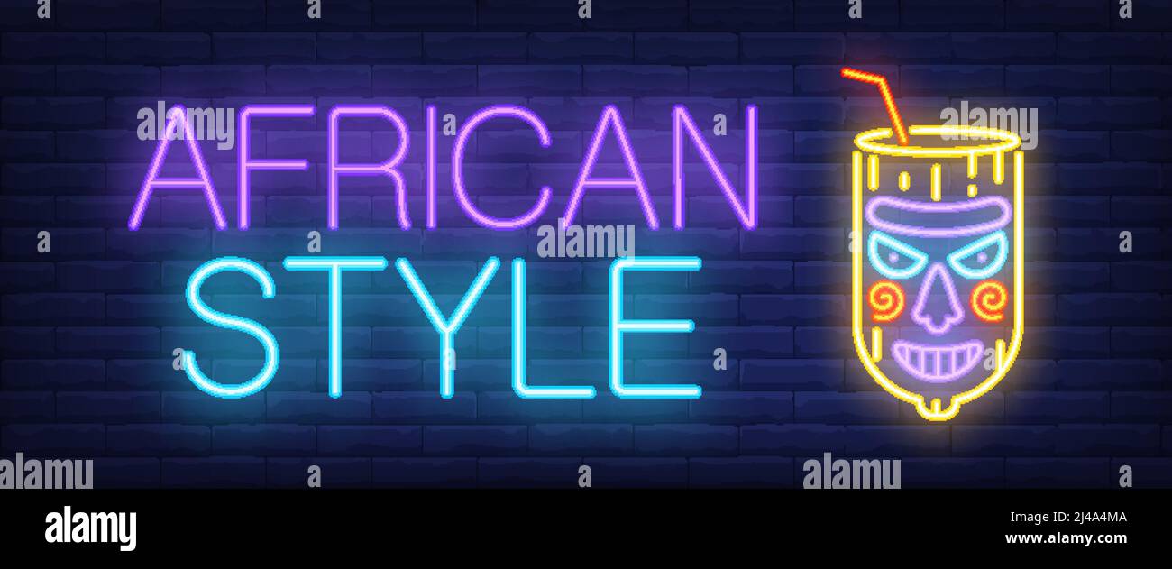 Cartello al neon in stile africano. Scritta luminosa da bar con vetro strano su sfondo di mattoni. Pubblicità notturna brillante. Illustrazione vettoriale in stile neon per Illustrazione Vettoriale