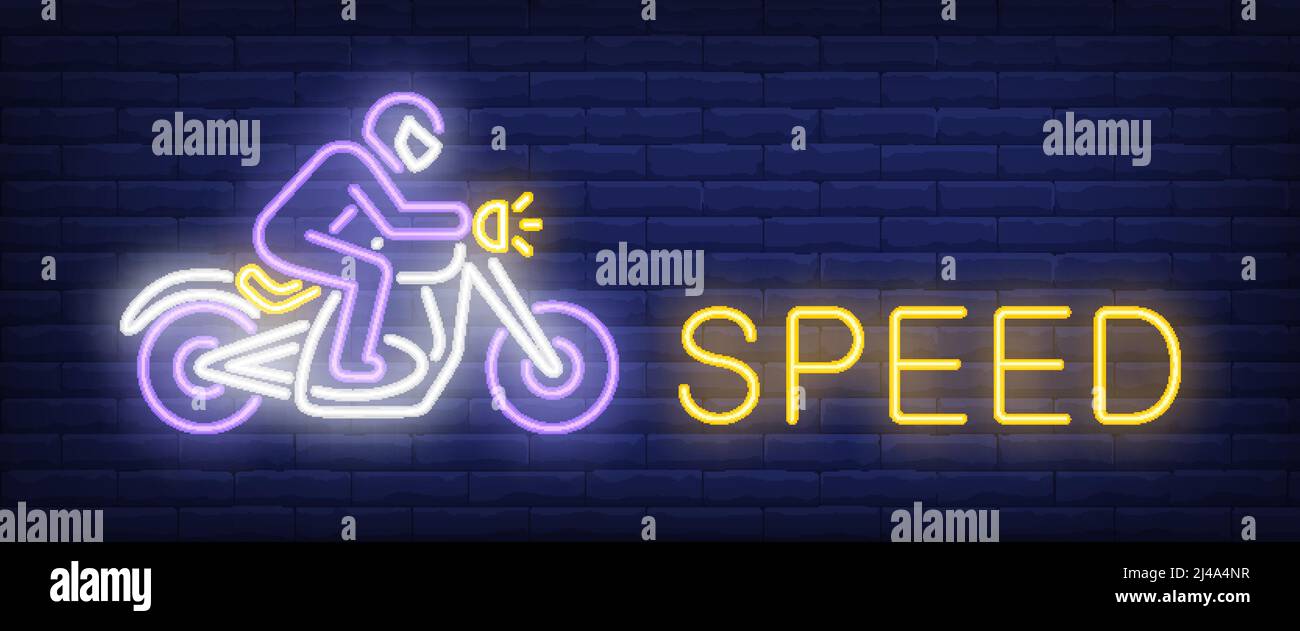 Striscione veloce in stile neon. Testo e uomo in moto a cavallo su sfondo mattone. Pubblicità notturna brillante. Può essere utilizzato per insegne, poster, cartelloni Illustrazione Vettoriale