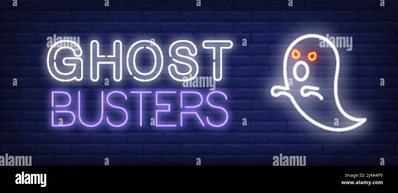Banner in stile neon Ghost Busters. Testo e fantasma con occhi rossi su sfondo mattone. Pubblicità notturna brillante. Può essere utilizzato per insegne, poster, cartelloni Illustrazione Vettoriale