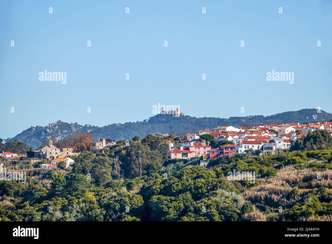 Il Palácio pena, monumento nazionale sulla cima di una collina verde nelle montagne di Sintra in una giornata limpida con cielo blu, Portogallo, Europa Foto Stock