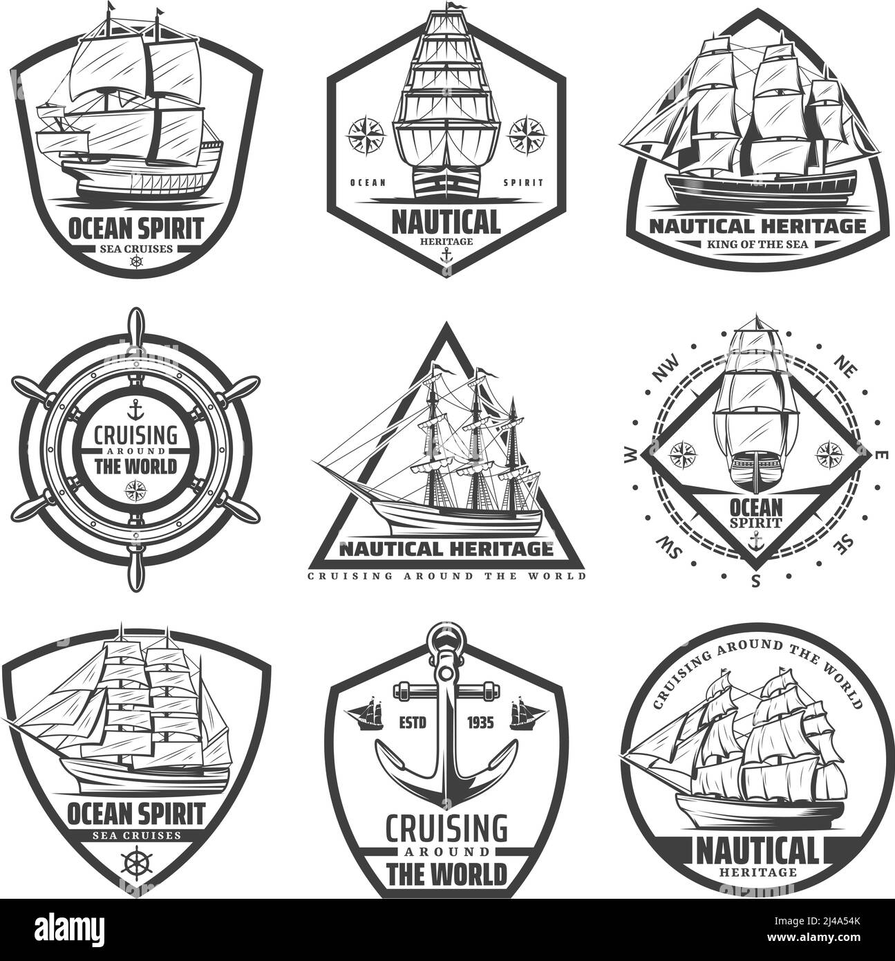 Set di etichette navali monocromatiche vintage con navi imbarcazioni che sterzano figura vettoriale isolata della bussola di navigazione dell'ancoraggio della ruota Illustrazione Vettoriale