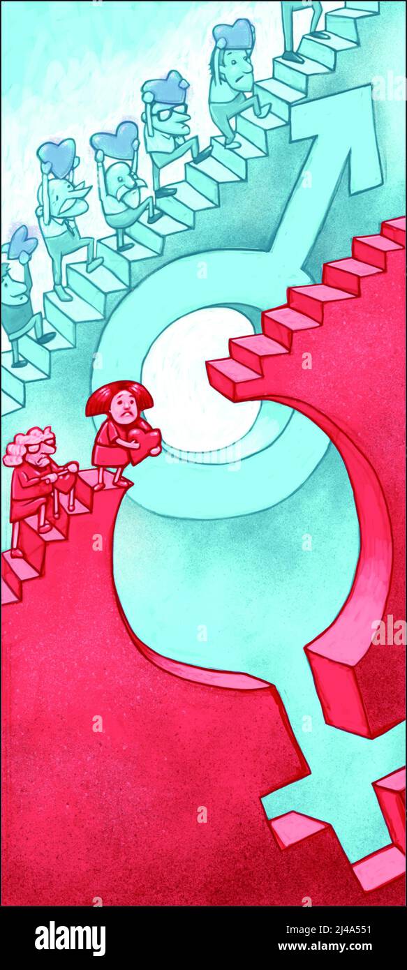 Concept art che illustra la conoscenza, i finanziamenti, le competenze, e il divario di trattamento nella cura del cuore cardiaco delle donne rispetto alle cure che gli uomini ricevono Foto Stock