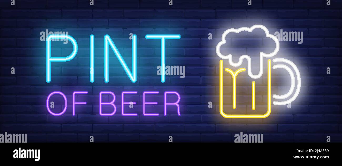 Pinta di birra stile neon banner. Testo e bicchiere di birra con schiuma su sfondo mattone. Pubblicità notturna brillante. Può essere utilizzato per insegne, poster, cartelloni Illustrazione Vettoriale