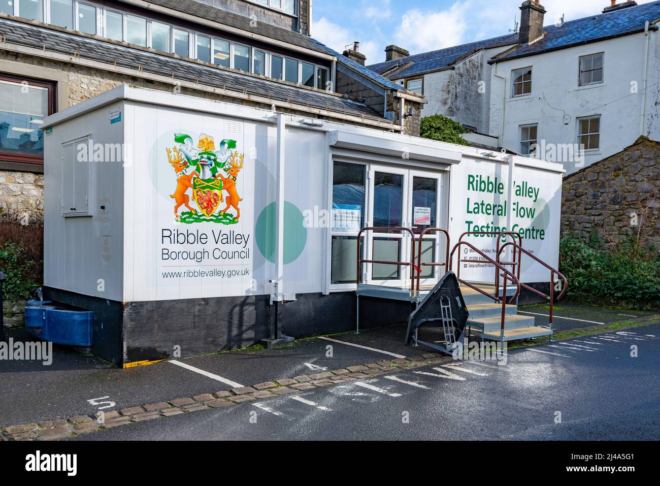 Ribble Valley Lateral Flow Testing Center, Clitheroe, Lancashire, Regno Unito. Foto Stock