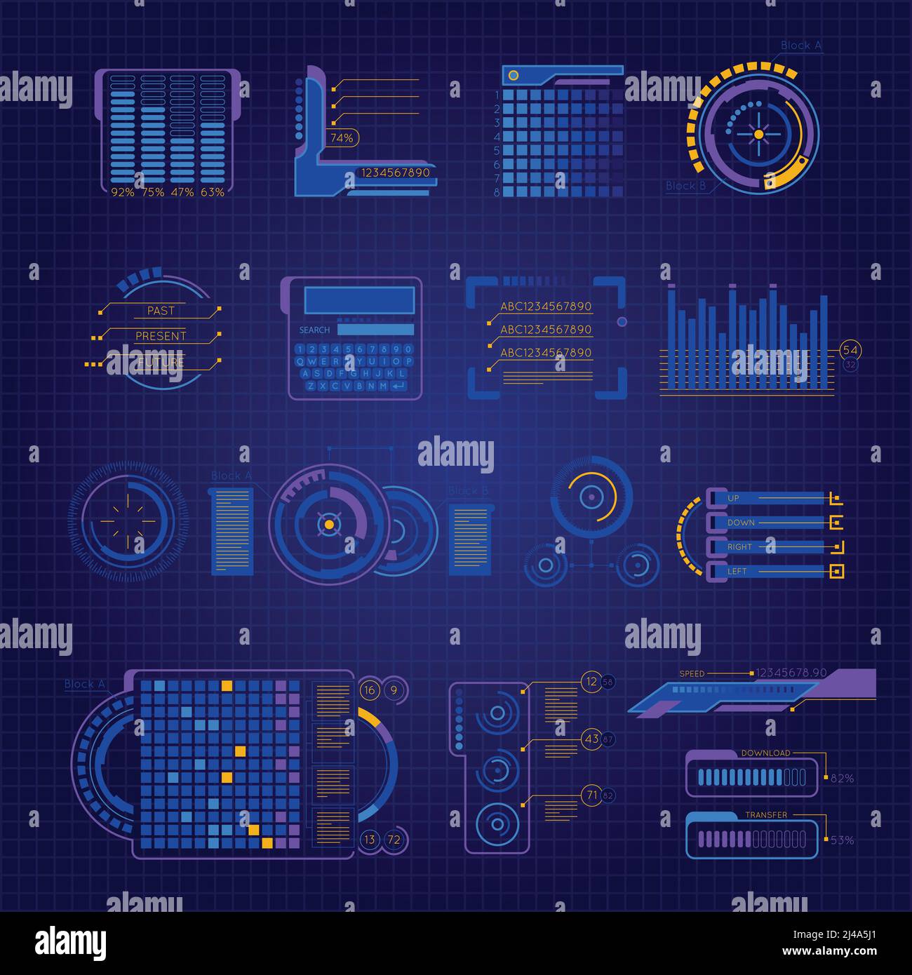 Astratto futuro interfaccia colorata e isolata icona impostata su digitale immagine vettoriale di sfondo blu scuro Illustrazione Vettoriale