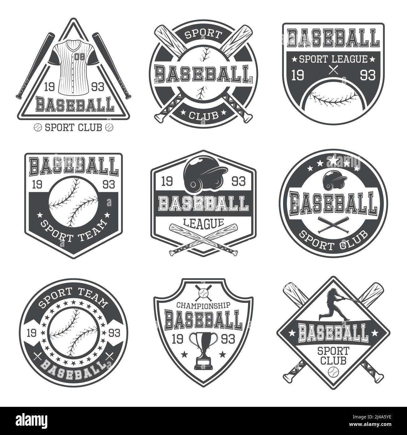 Baseball bianco nero emblemi di club e tornei con battitore outfit sportivo e trofeo isolato vettore illustrazione Illustrazione Vettoriale