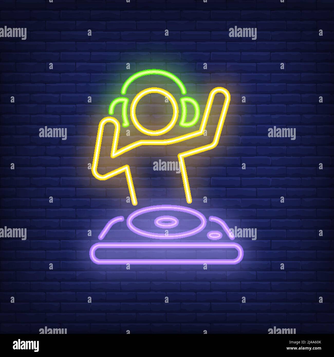 Disco Jokey con dj mixer neon segno. Musica, feste e suoni. Design pubblicitario. Insegna al neon notturna, cartellone colorato, banner chiaro. Ve Illustrazione Vettoriale