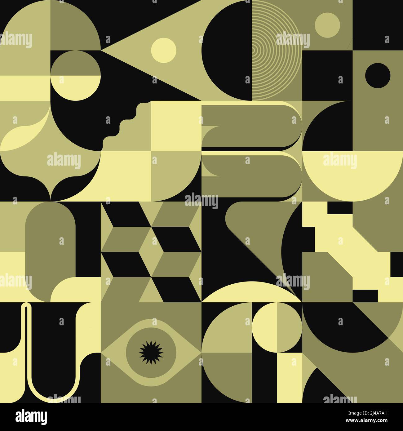 Moderna grafica vettoriale astratta realizzata con varie forme geometriche semplici ed elementi grafici monocromatici utili per poster, copertina, arte, presentazione, Illustrazione Vettoriale