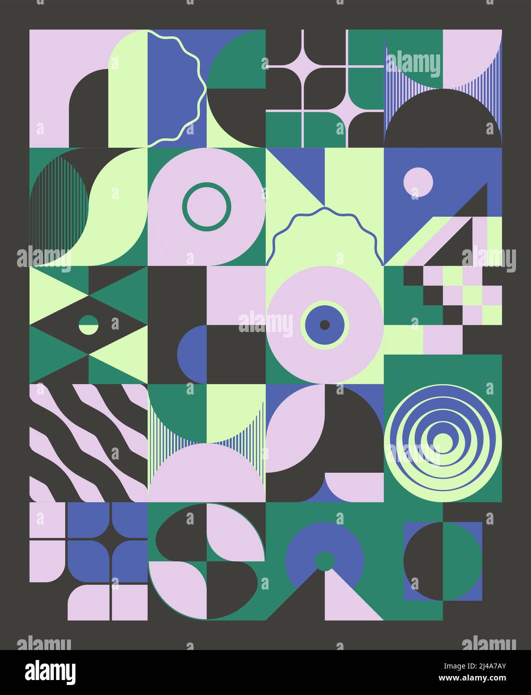 Design di arte moderna ispirato al design Bauhaus realizzato con forme geometriche astratte e forme audaci. Elementi grafici digitali per poster, copertina, arte, pr Illustrazione Vettoriale