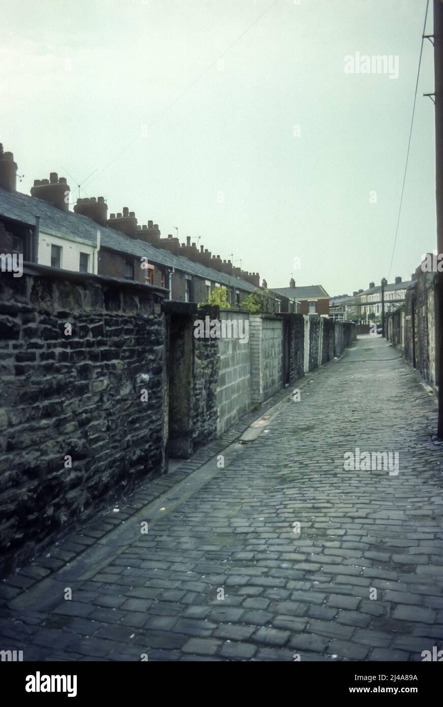 1970s immagine d'archivio di case terrazzate e un vicolo acciottolato a Blackburn, Lancashire. Foto Stock